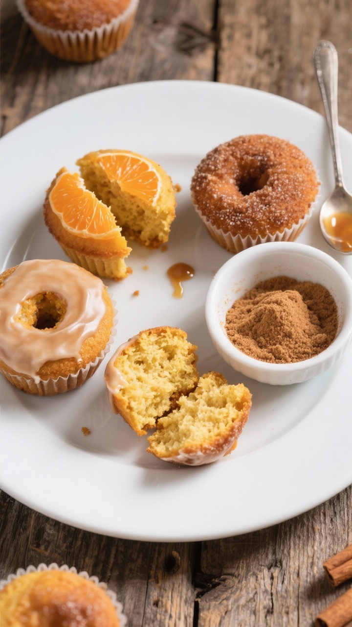 Tasty top view: Overhead brunch scene with a few donut muffins halved to reveal moist, fluffy orange