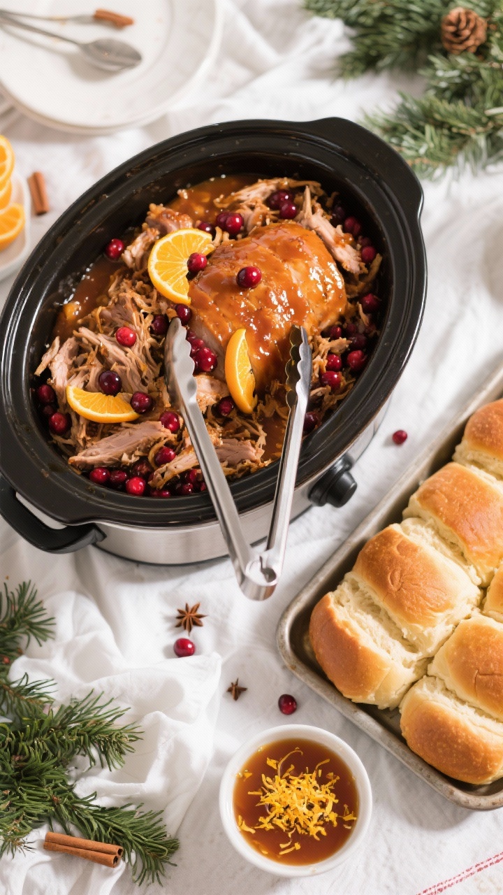 Tasty top view: Overhead buffet-style spread featuring a warm slow cooker insert of shredded cranber