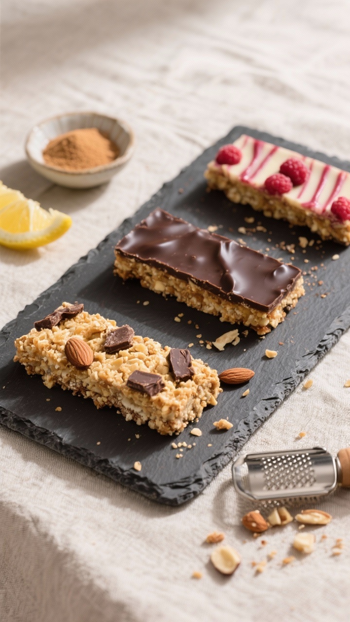 Tasty top view: Overhead café-style scene of three bars on a slate board, showing the cross-section