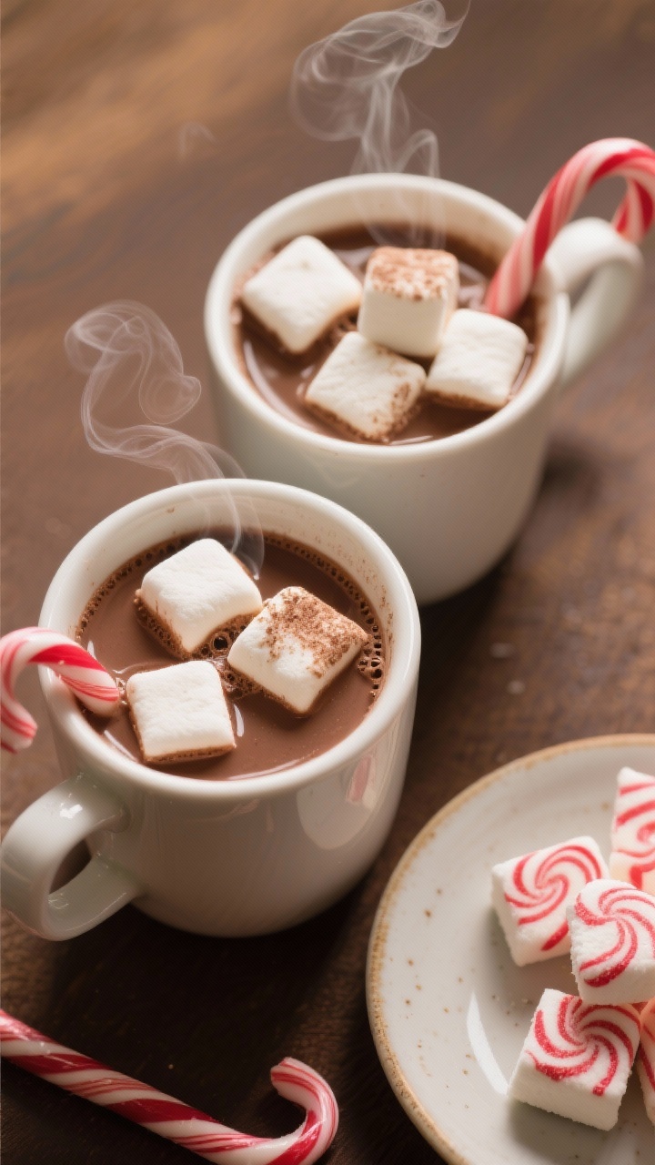 Tasty top view: Overhead cocoa moment—two mugs of rich hot chocolate topped with pillow-soft candy