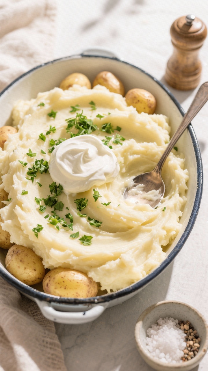 Tasty top view: Overhead, family-style serving of extra-creamy mashed baby potatoes in a wide enamel