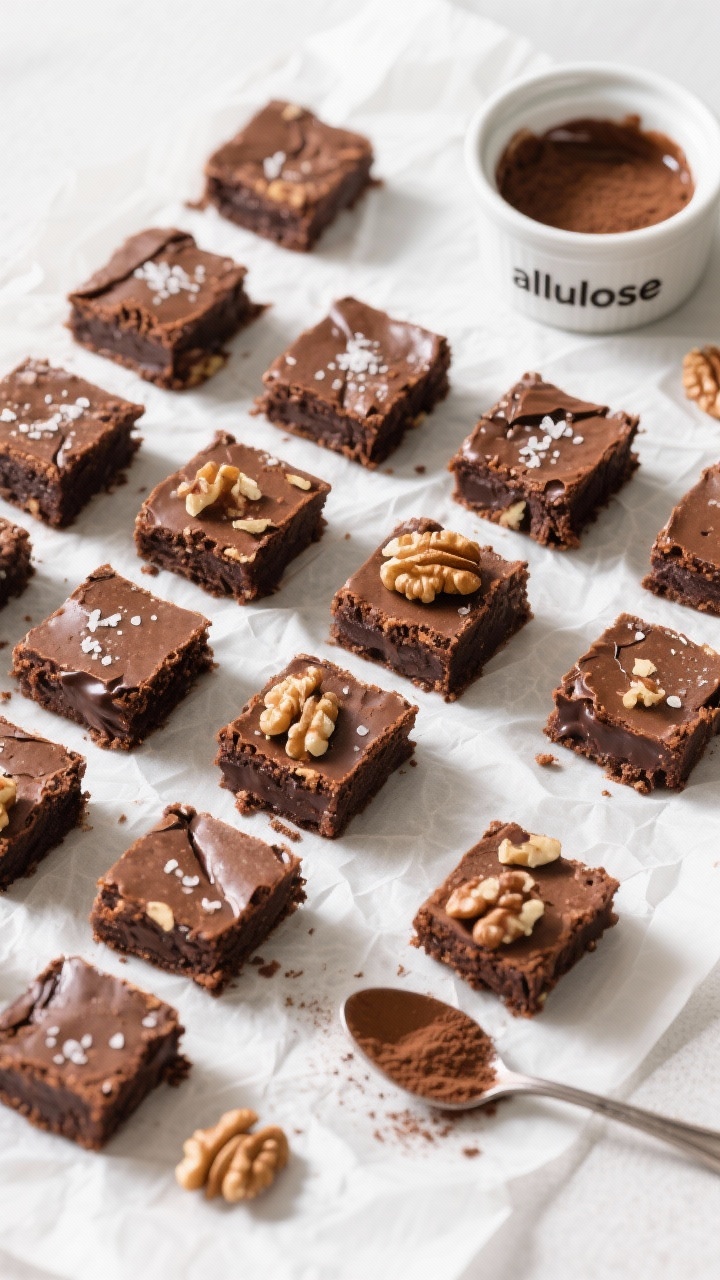 Tasty top view: Overhead grid of 12 brownie squares on parchment, evenly spaced with visible gooey c
