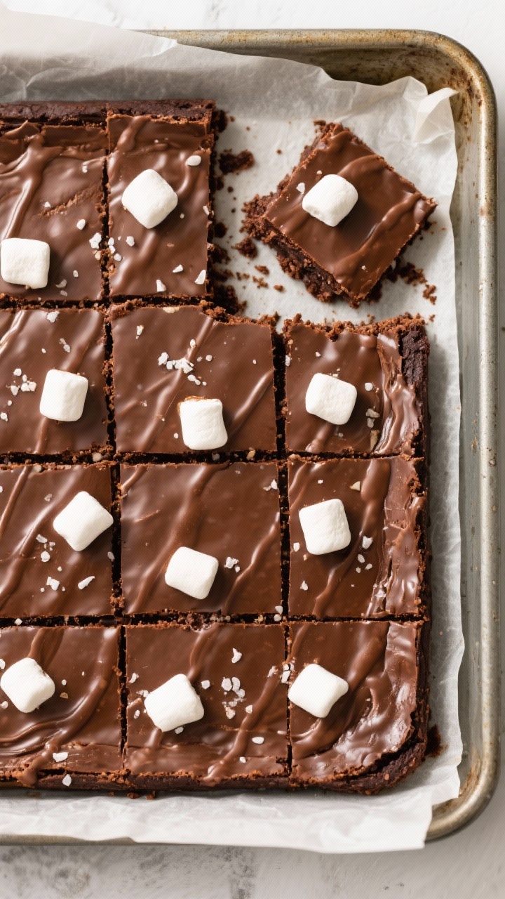 Tasty top view: Overhead grid of cooled brownies still in the pan, cut into clean squares with visib