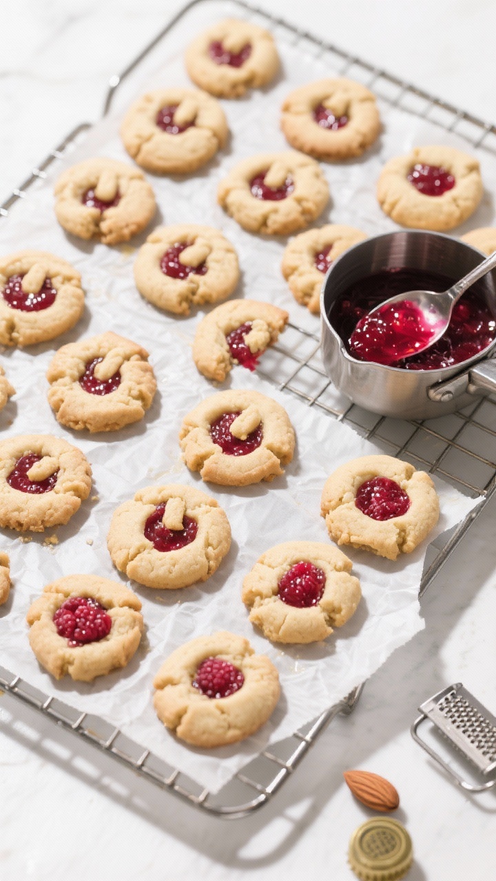 Tasty top view: Overhead hero shot of a cooling rack filled with finished thumbprint cookies at vary