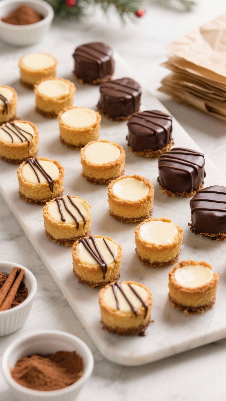 Tasty top view: Overhead hero shot of a holiday dessert board featuring neatly arranged cheesecake b