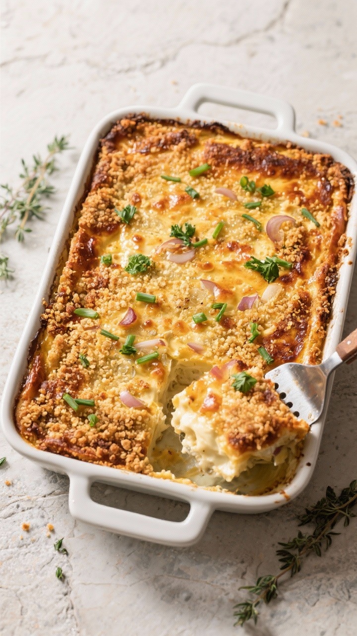 Tasty top view: Overhead hero shot of the full 9x13 dish rested and set, golden top evenly browned w