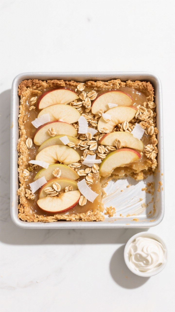Tasty top view: Overhead hero shot of the whole baked crisp in a 9x9 pan with one clean corner scoop