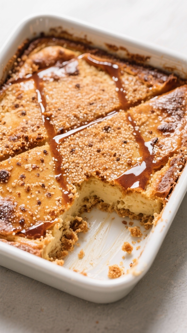 Tasty top view: Overhead image of the whole baked pudding in a 9x9 dish, evenly bronzed top with cra