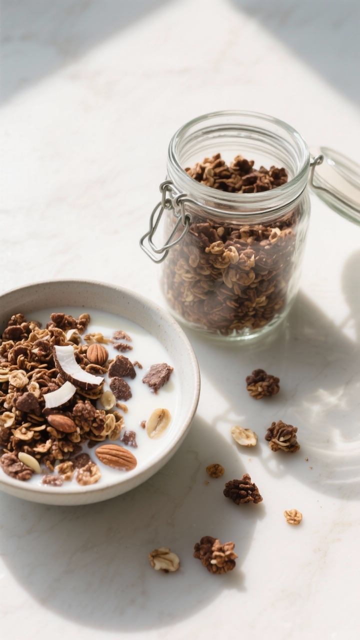 Tasty top view: Overhead jar-and-cereal moment—an airtight glass jar filled with the finished choc