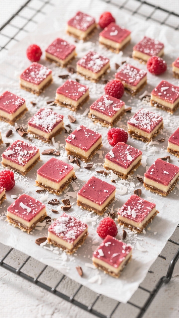 Tasty top view: Overhead layout of 16–25 neatly cut Raspberry Dessert Bite squares arranged in a g