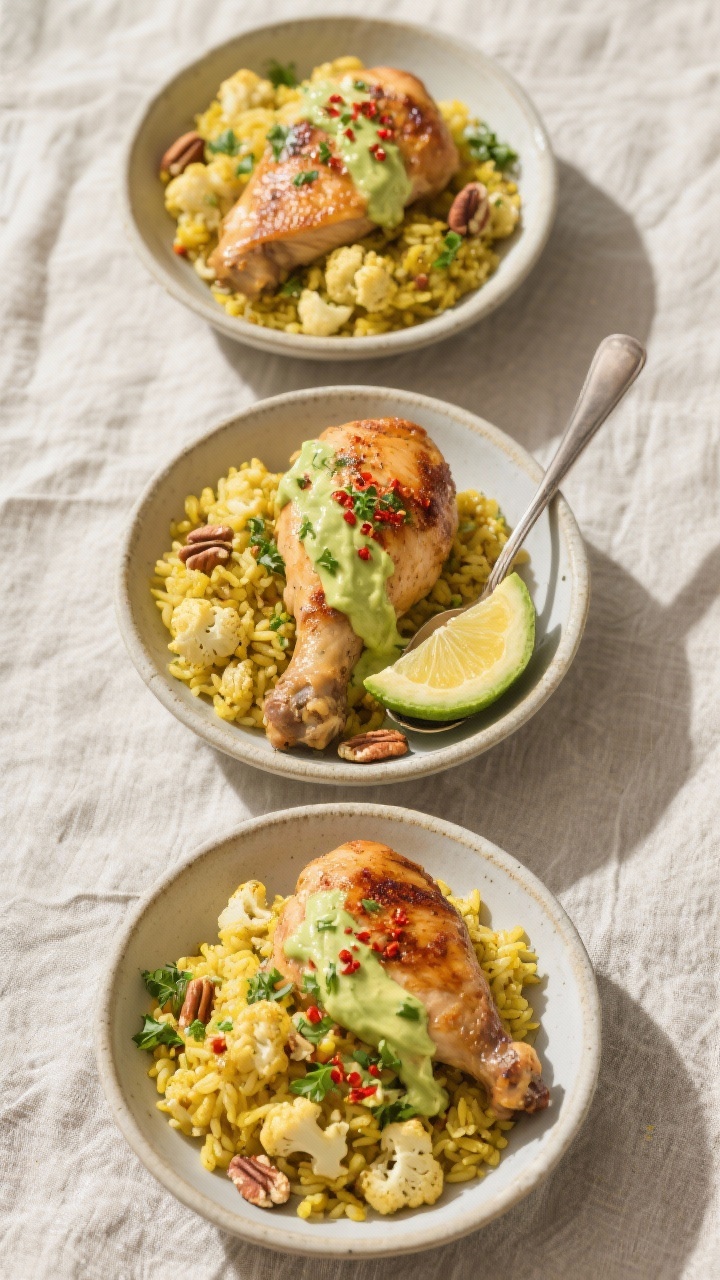 Tasty top view: Overhead meal-prep arrangement—three shallow bowls each with a mound of turmeric-k
