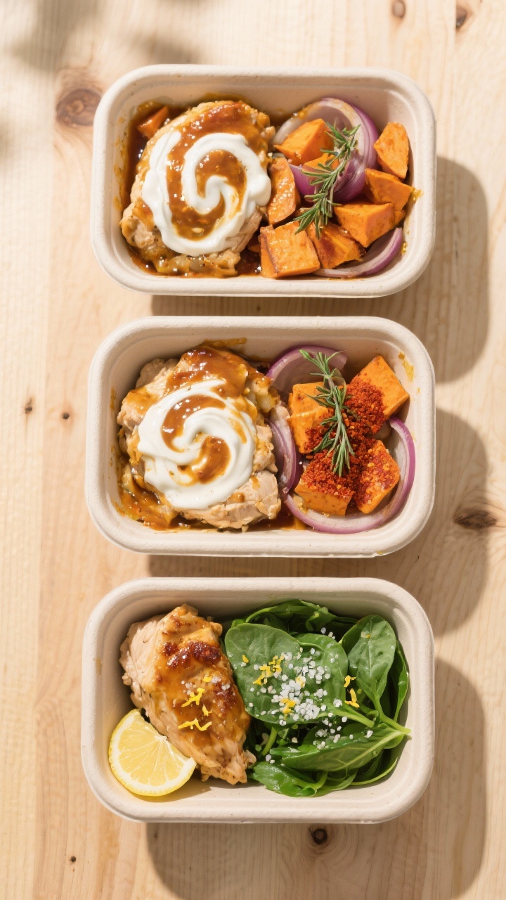 Tasty top view: Overhead meal-prep layout—three open containers filled with chicken, sweet potatoe