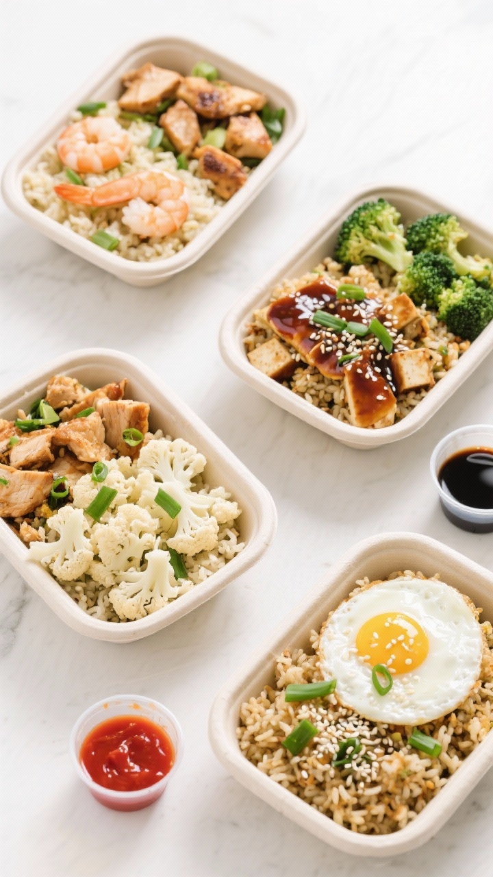 Tasty top view: Overhead meal-prep spread—four neatly portioned containers of cauliflower fried ri