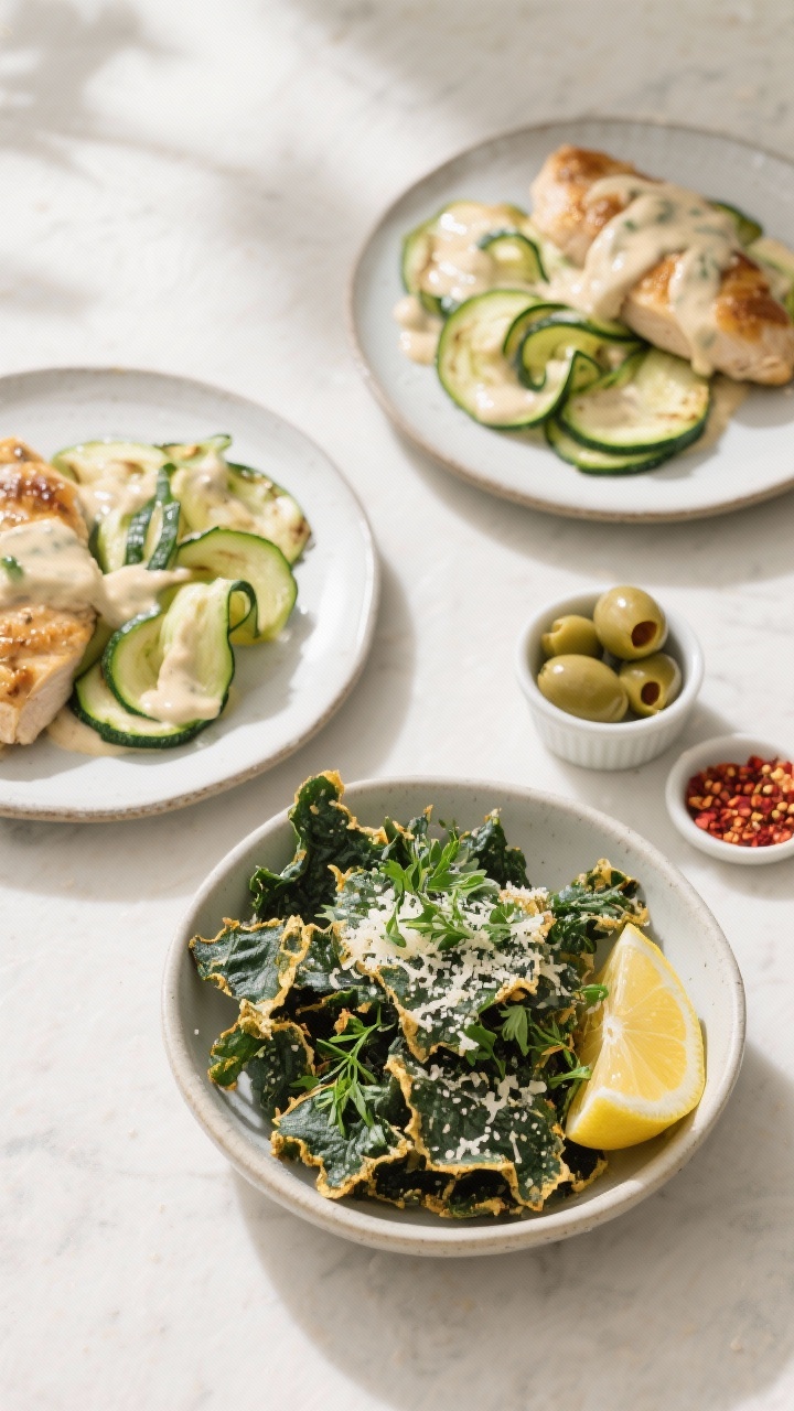 Tasty top view: Overhead meal-prep spread—two plates with zucchini ribbons, chicken pieces coated 