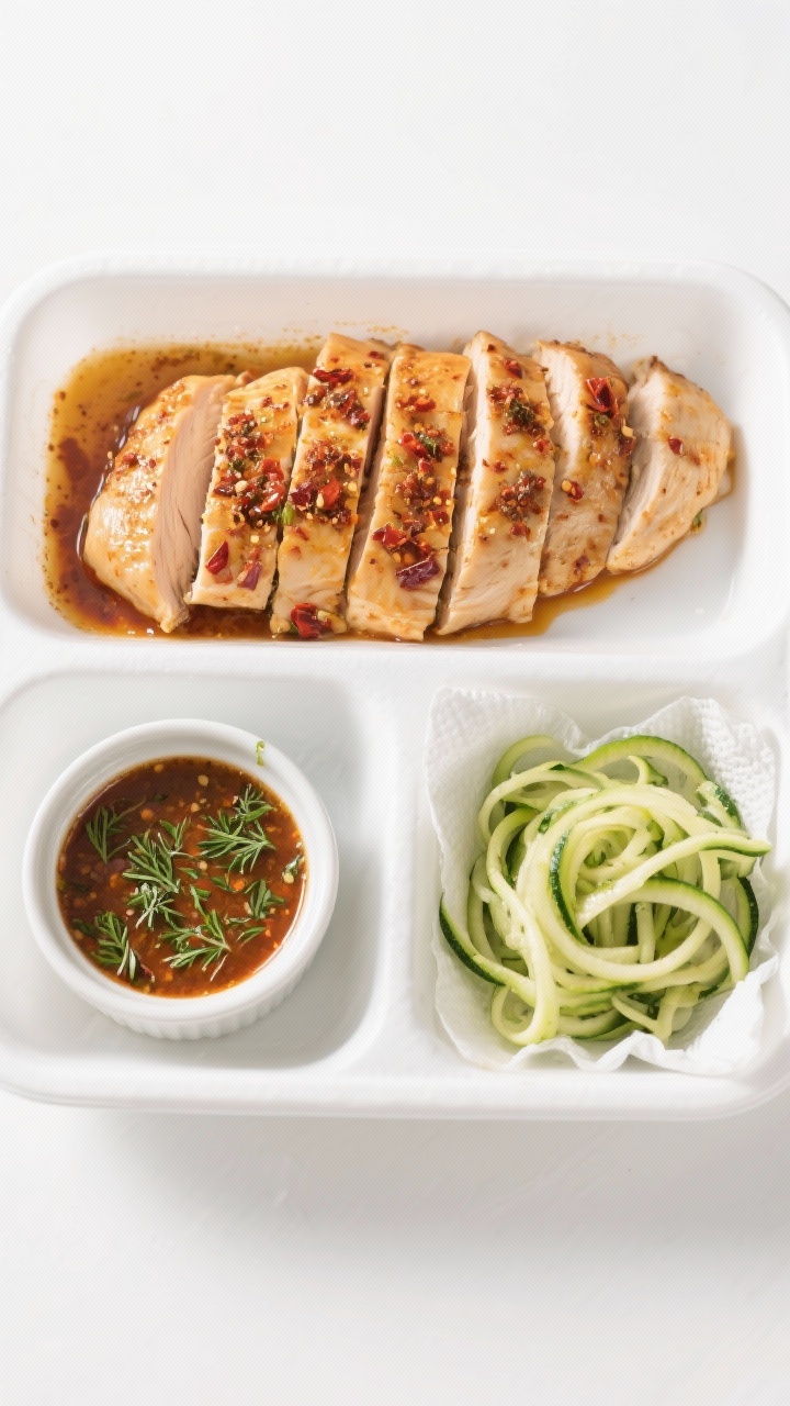 Tasty top view: Overhead meal-prep trio showcasing the finished components ready to assemble—slice