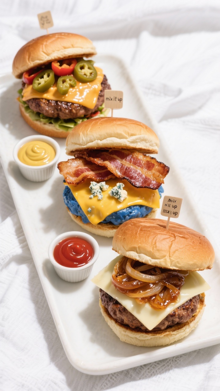 Tasty top view: Overhead platter of “mix it up” variations—one pepper jack + chipotle mayo bur