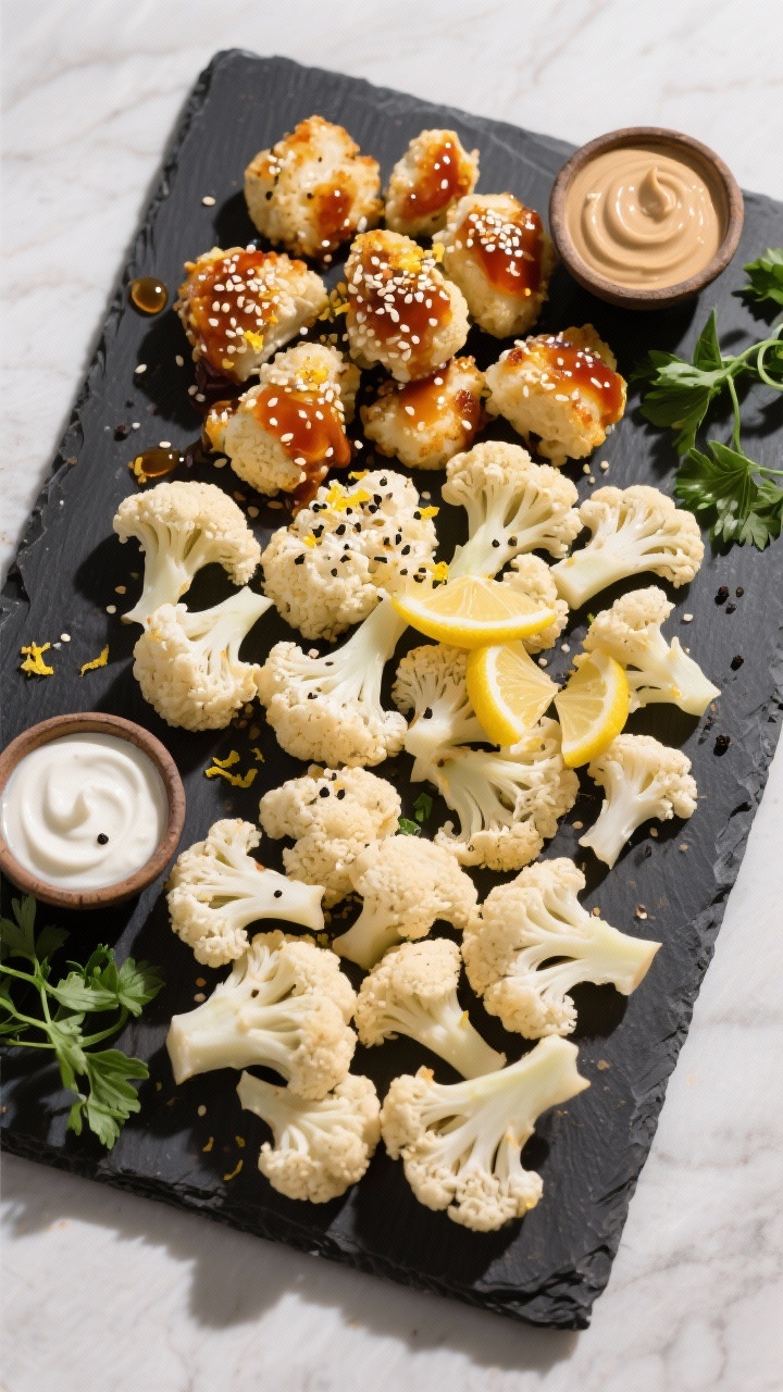Tasty top view: Overhead platter of mixed-variation cauliflower bites—one section finished with ho