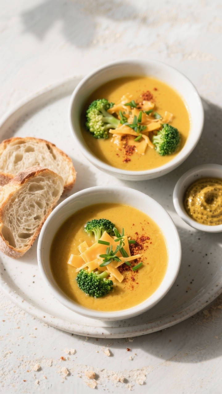 Tasty top view: Overhead platter scene of two bowls of the finished soup with café vibes—rich gol