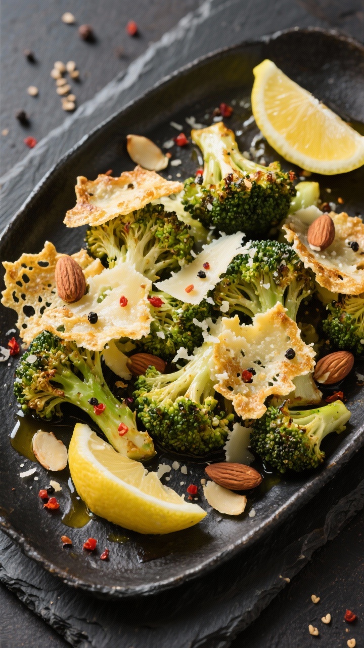 Tasty top view: Overhead platter shot of “Parmesan-crisp” variation—roasted broccoli with extr