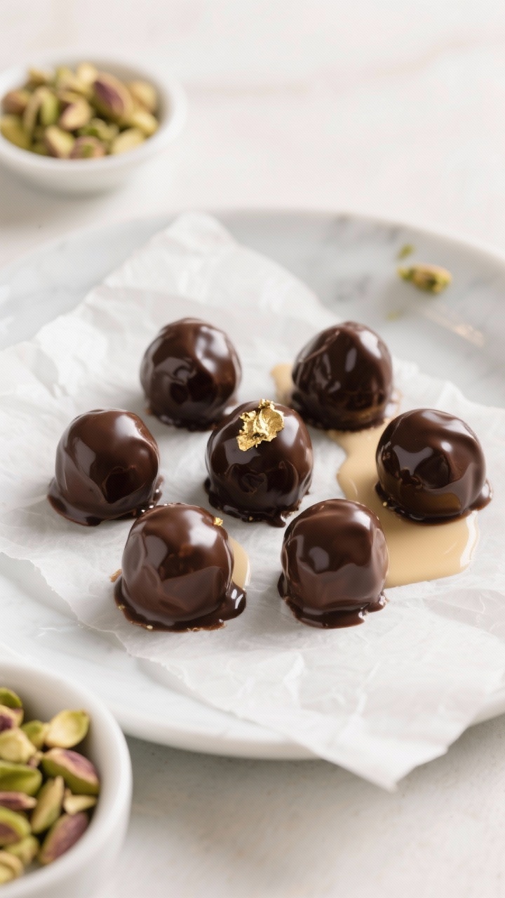 Tasty top view: Overhead serving plate of Irish cream truffles dipped in tempered dark chocolate—u