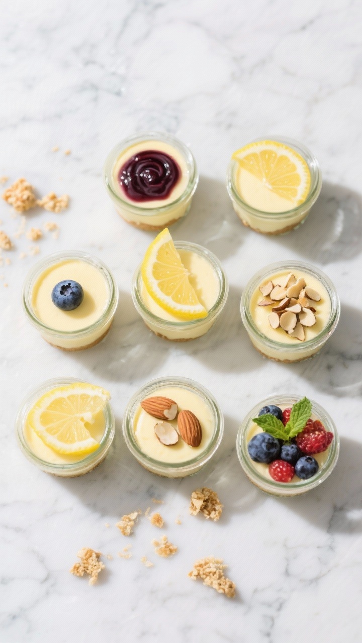 Tasty top view: Overhead set of 6 petite dessert jars arranged grid-style, each filled with lemon mo