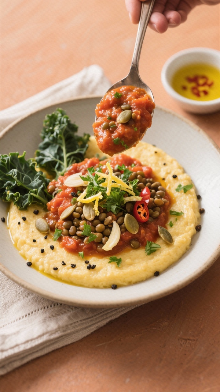 Tasty top view: Overhead shot of a bowl of garlicky polenta topped with the creamy tomato-lentil ski