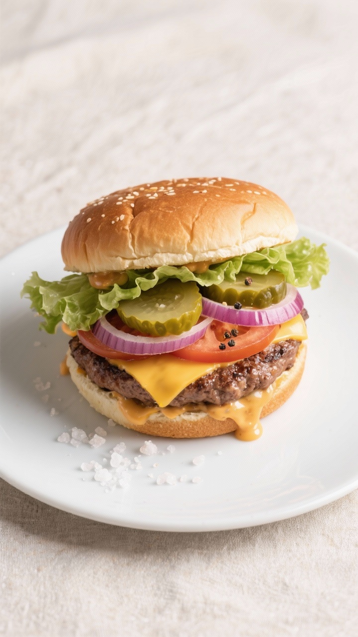 Tasty top view: Overhead shot of a classic assembled cheeseburger on a toasted bun—juicy medium pa