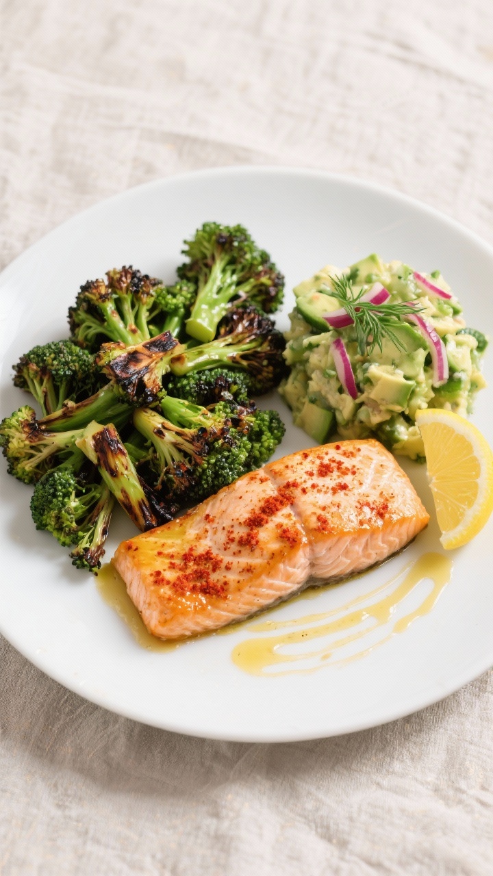 Tasty top view: Overhead shot of a composed low-carb plate—one salmon fillet with lemon-butter gla