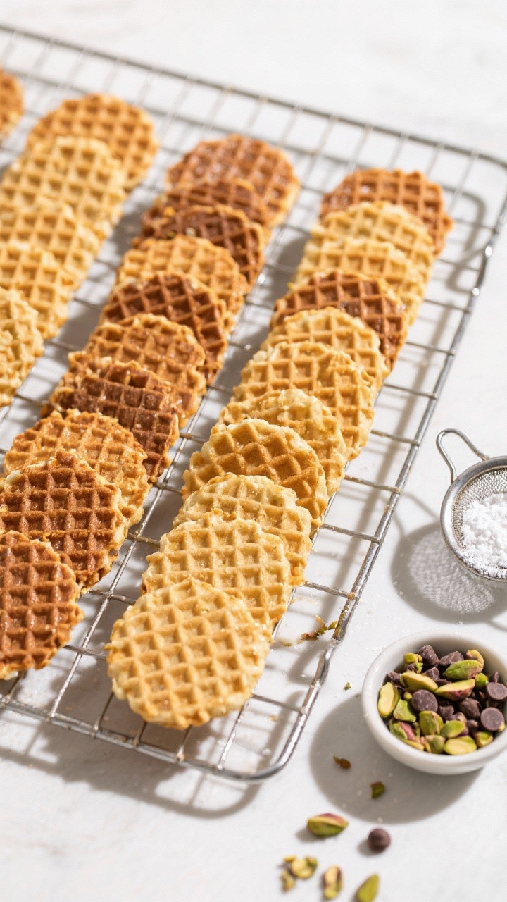 Tasty top view: Overhead shot of a cooling rack filled with uniformly golden pizzelles arranged in n