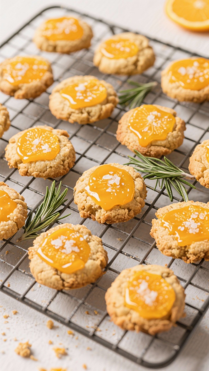 Tasty top view: Overhead shot of a cooling rack filled with baked gluten-free rosemary orange cookie
