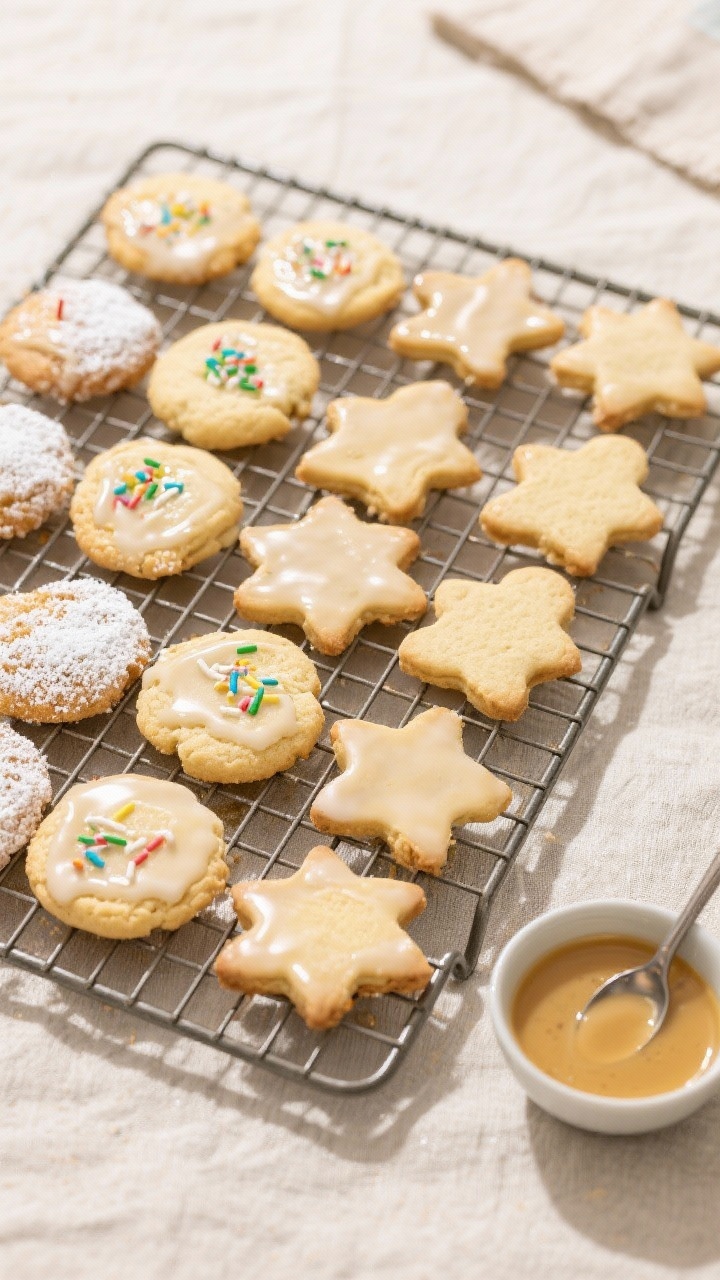 Tasty top view: overhead shot of a cooling rack filled with both drop cookies and cut-out shapes, so