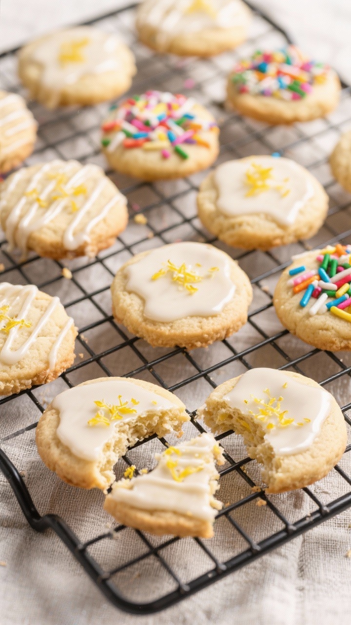 Tasty top view: Overhead shot of a cooling rack filled with baked vegan sugar cookies, some drizzled