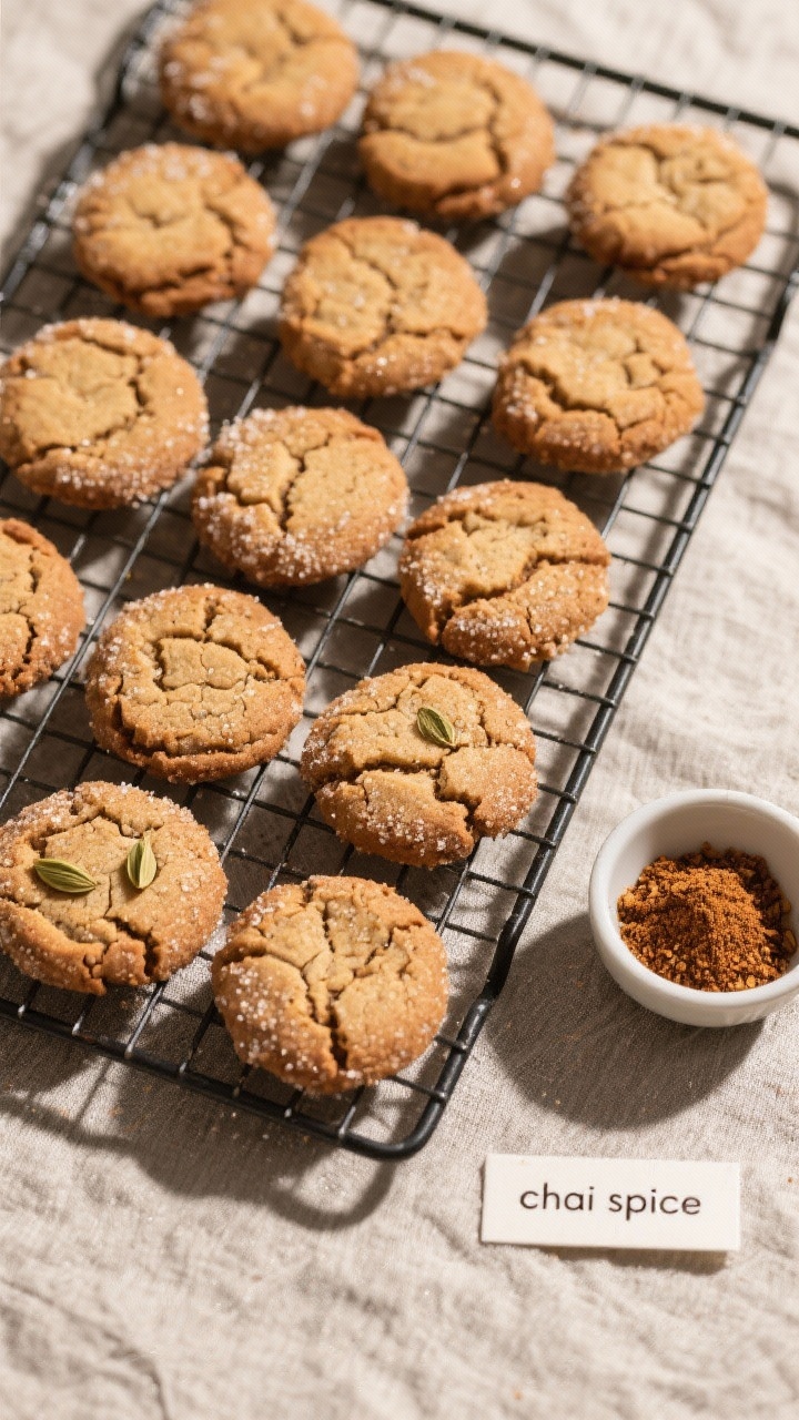 Tasty top view: Overhead shot of a cooling rack loaded with baked chai spiced cookies, evenly spaced