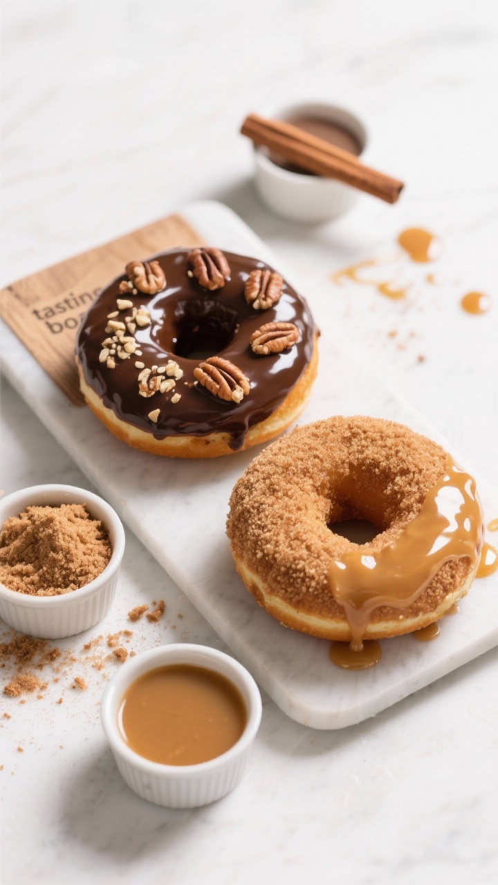 Tasty top view: Overhead shot of a donut “tasting board” featuring a mix of finishes—two donut