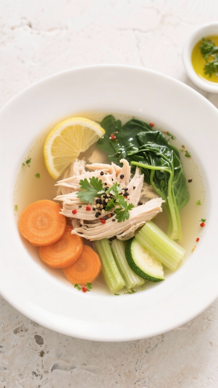 Tasty top view: Overhead shot of a finished bowl of Low Glycemic Chicken Soup, neatly arranged veget