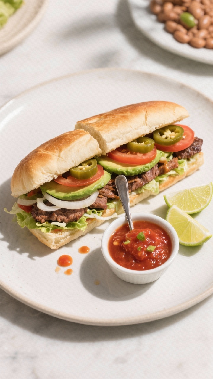 Tasty top view: Overhead shot of a fully assembled Torta Mexicana sliced in half, revealing layered 