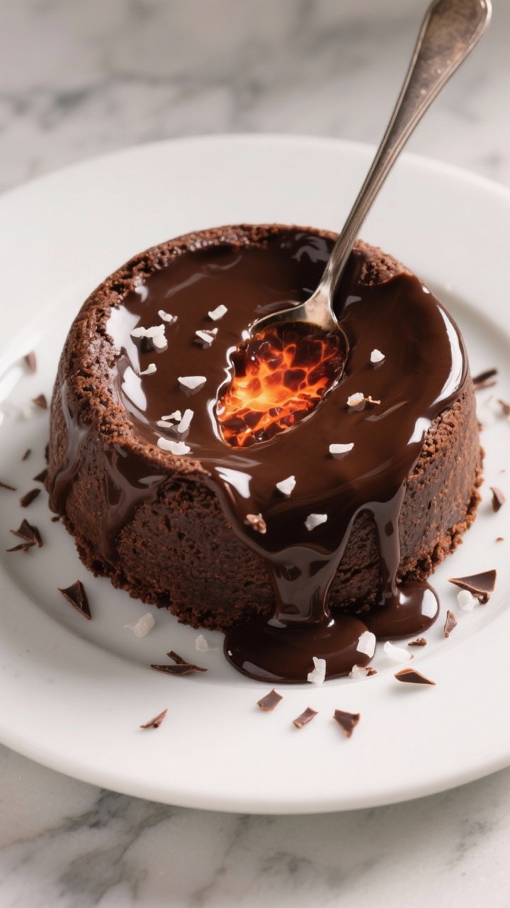 Tasty top view: Overhead shot of a gooey-centered “Double Chocolate Lava” variation, undercooked