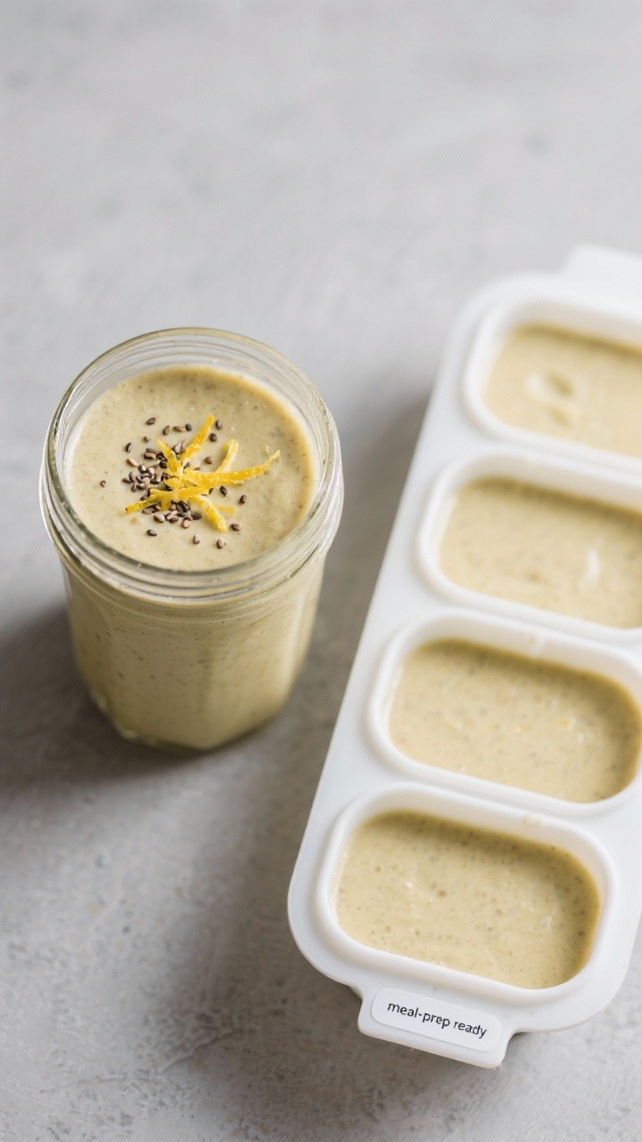 Tasty top view: Overhead shot of a “meal-prep ready” smoothie jar filled with the finished smoot