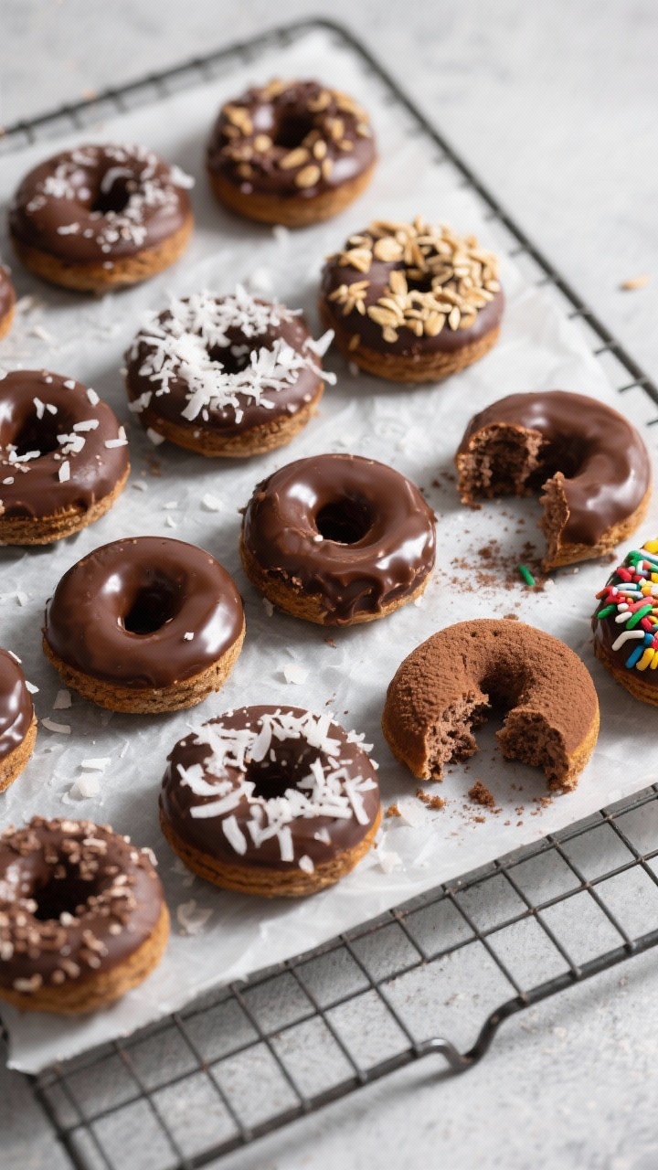 Tasty top view: overhead shot of a neat grid of glazed grain-free chocolate donuts on a parchment-li