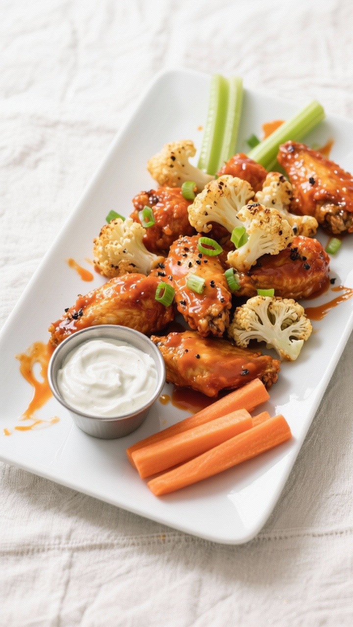 Tasty top view: Overhead shot of a platter of Buffalo wings and roasted cauliflower florets generous