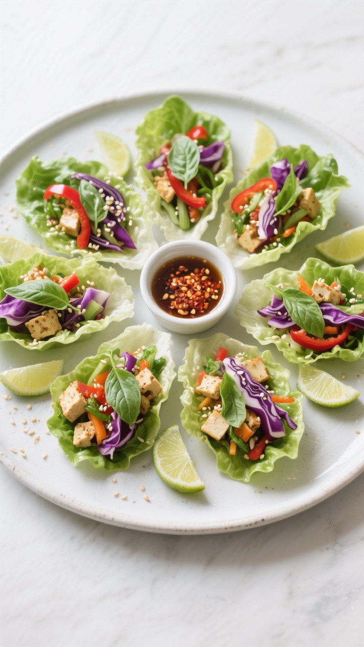 Tasty top view: Overhead shot of a platter of finished lettuce wraps arranged in a circular pattern 