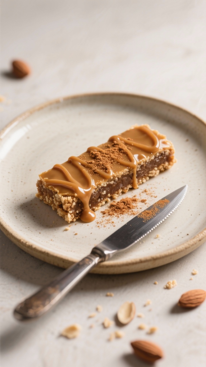 Tasty top view: Overhead shot of a single bar on a small ceramic dessert plate with a neat keto cara