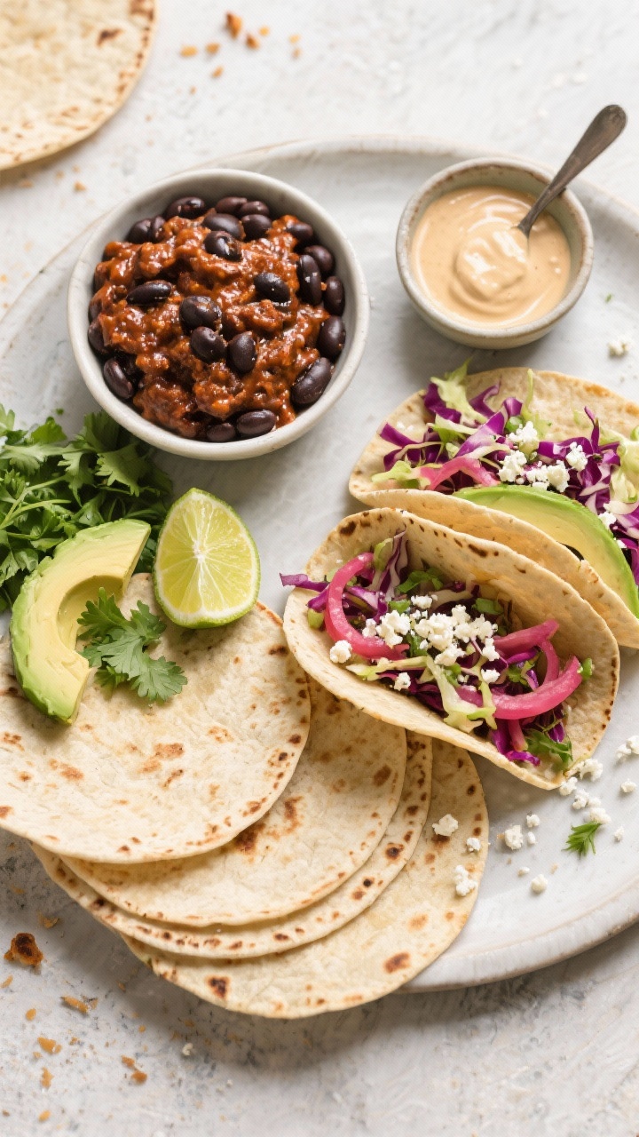 Tasty top view: Overhead shot of a taco assembly spread—warm tortillas, a bowl of glossy chipotle-