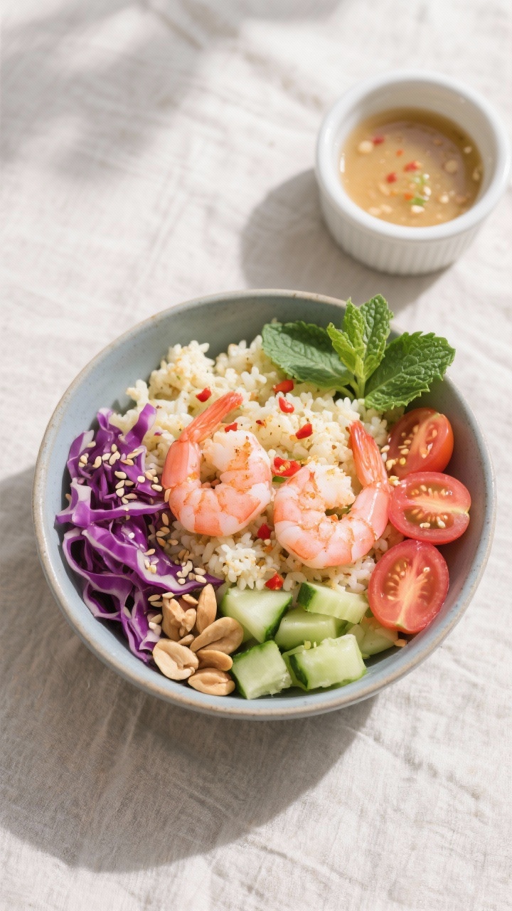 Tasty top view: Overhead shot of a Thai-inspired cauliflower rice bowl—base of toasted cauliflower