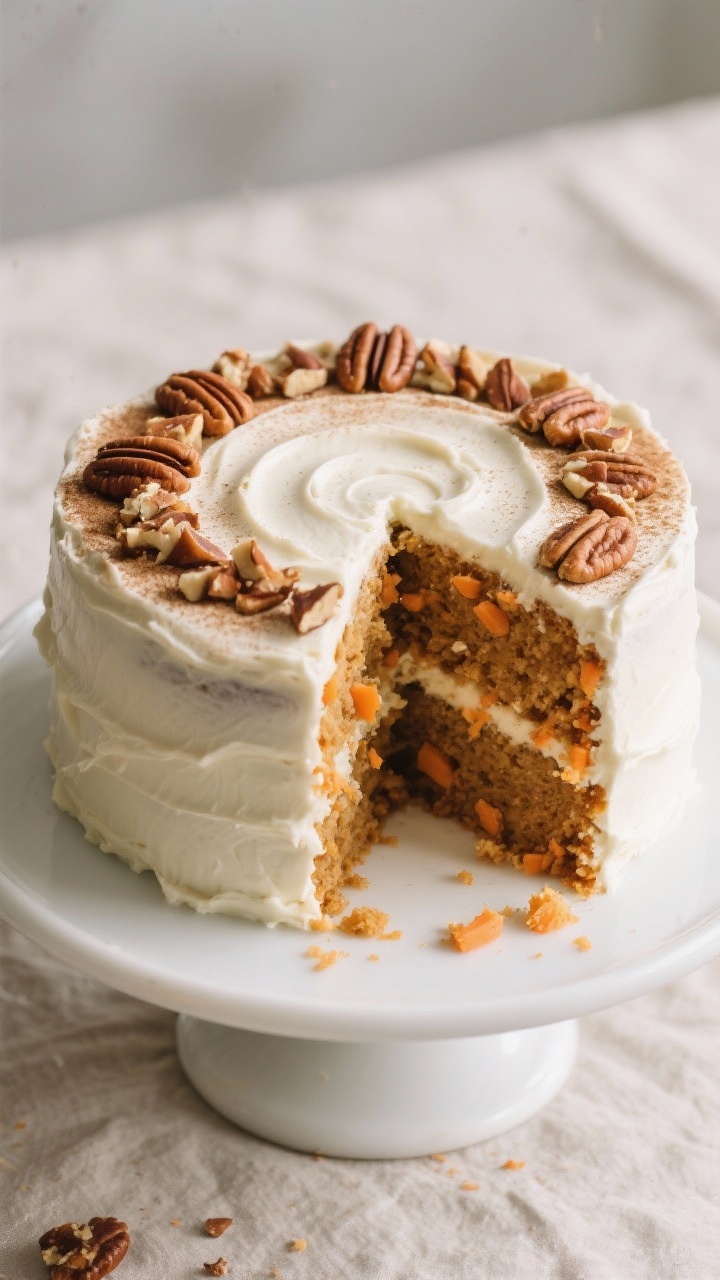Tasty top view: Overhead shot of a two-layer keto carrot cake on a white cake stand, evenly frosted 