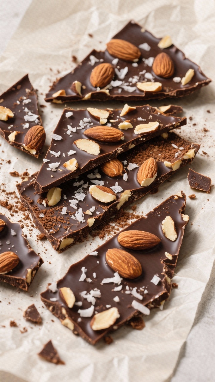 Tasty top view: Overhead shot of almond crunch bark set on parchment, spread thin and broken into ir