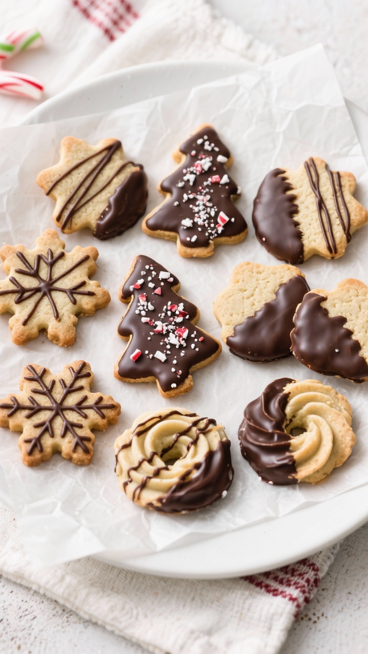 Tasty top view: Overhead shot of an assorted platter of finished gluten-free spritz cookies—trees,