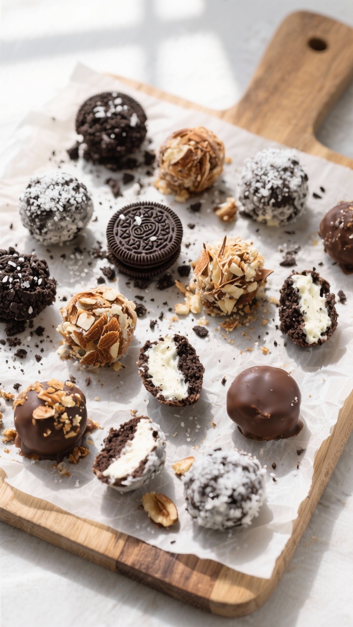 Tasty top view: overhead shot of an assortment of finished vegan Oreo dessert truffles arranged on a