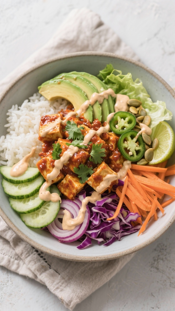 Tasty top view: Overhead shot of assembled Spicy Buffalo Tofu Bowl—half white jasmine rice, half s