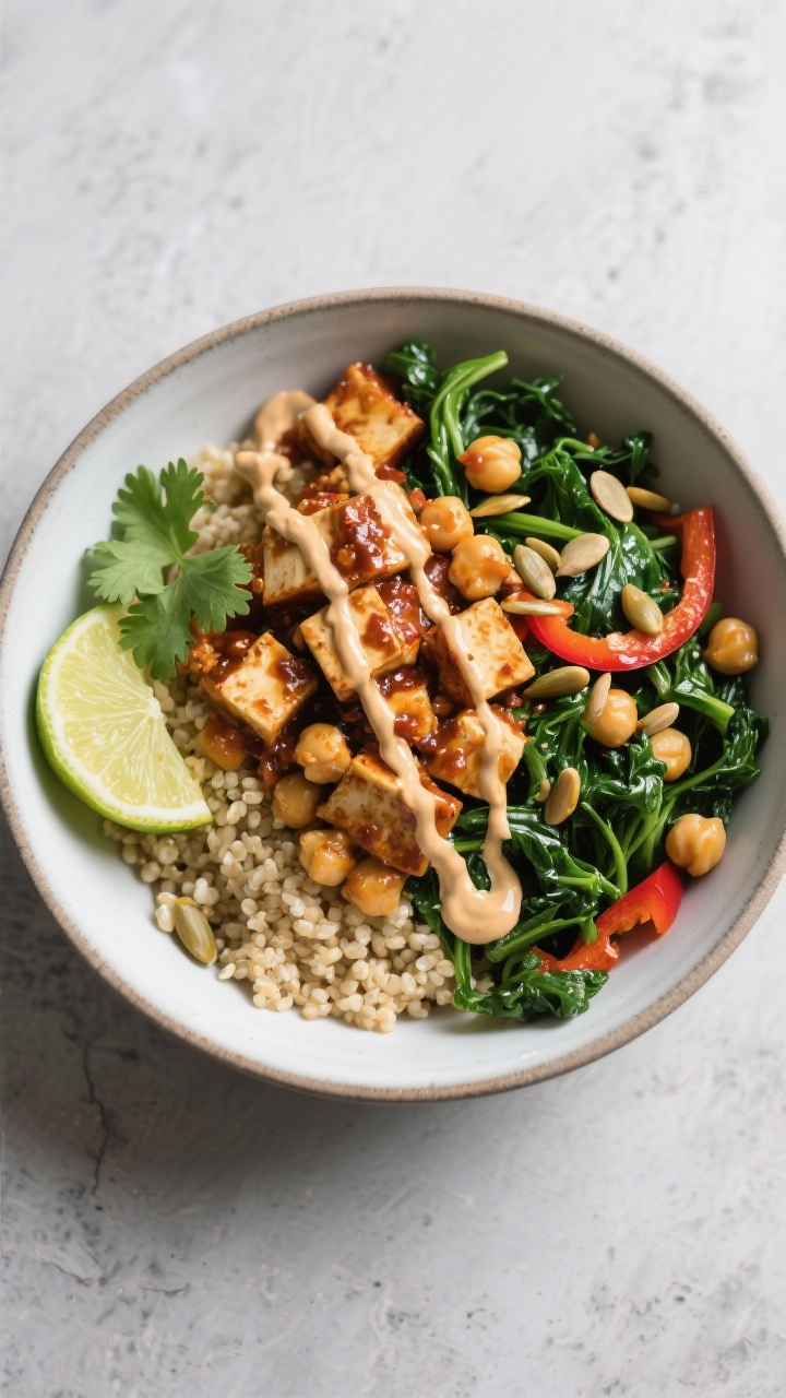 Tasty top view: Overhead shot of assembled Spicy Tofu & Chickpea Power Bowl—fluffy quinoa base top